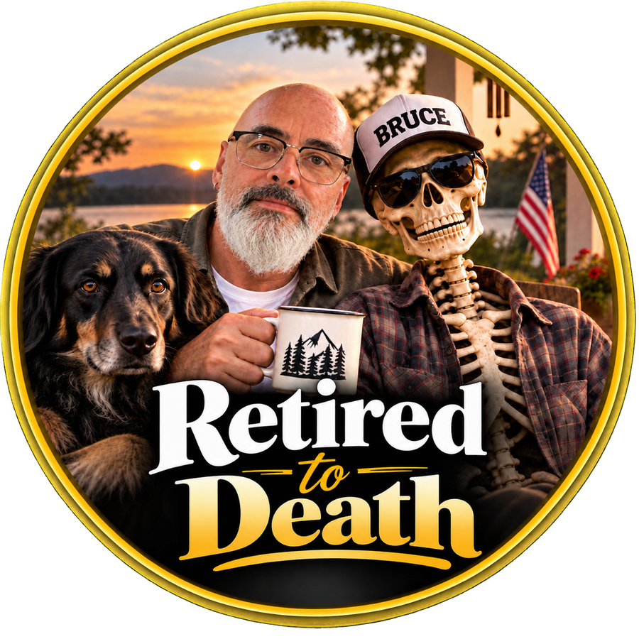 Retired to Death badge featuring Rick, Bruce and the dog